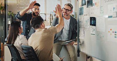 Buy stock photo Teamwork, high five and brainstorming with business people in meeting for coding workshop, cyber security and success. Collaboration, support and mentor with group of developers in tech startup