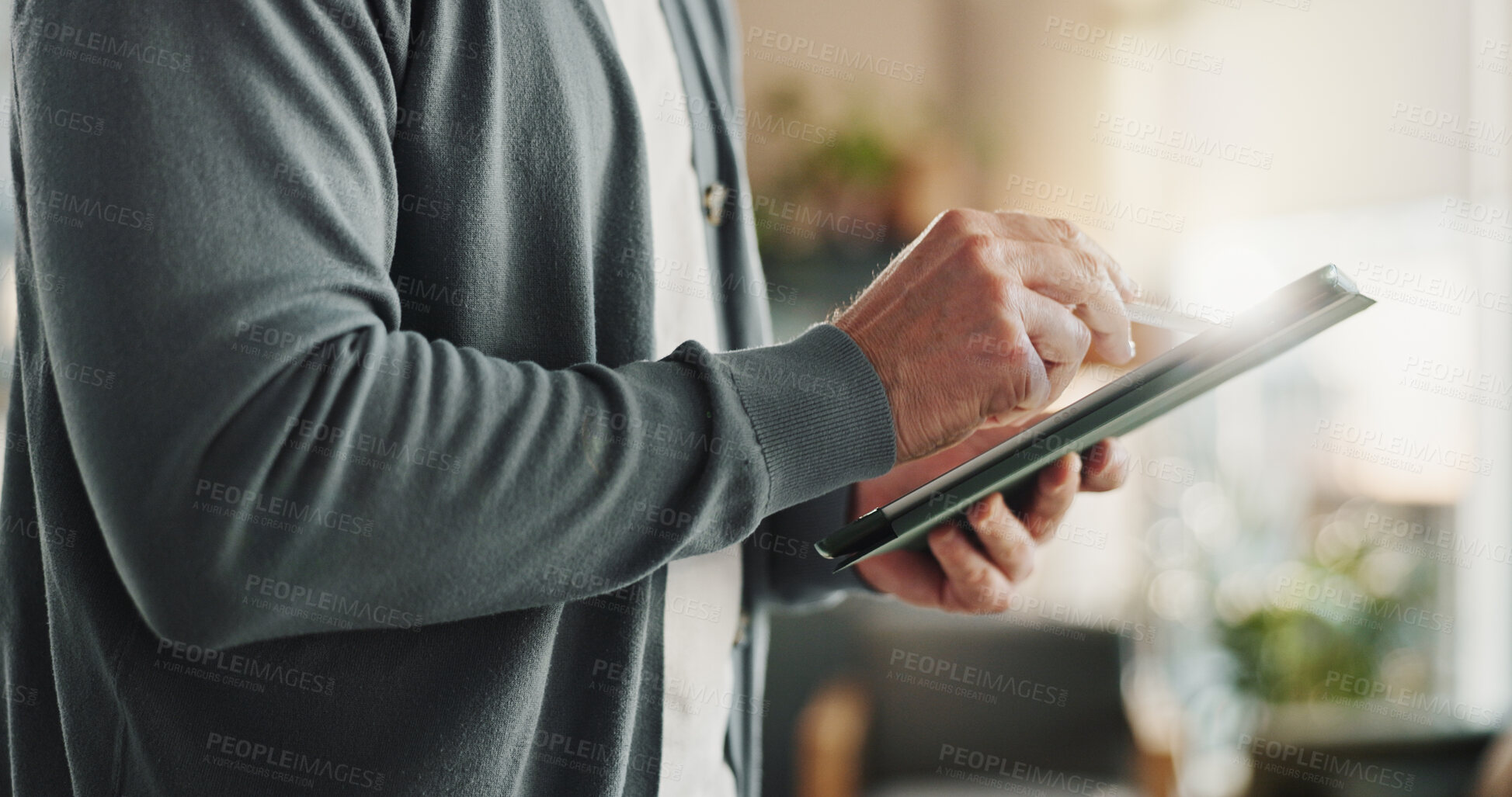 Buy stock photo Hands, tablet and businessman for software, web design and digital transformation in company. Male person, technology and office for online navigation, layout and user experience for branding project