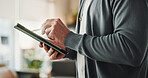 Hands, tablet and businessman for research, web design and digital transformation in company. Male person, technology and office for online navigation, layout and user experience for branding project