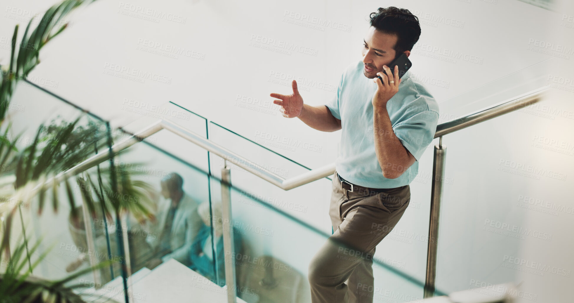 Buy stock photo Break, phone call and stairs with business man in office for communication, conversation or project update. Discussion, explain and negotiation with happy employee on steps in workplace from above