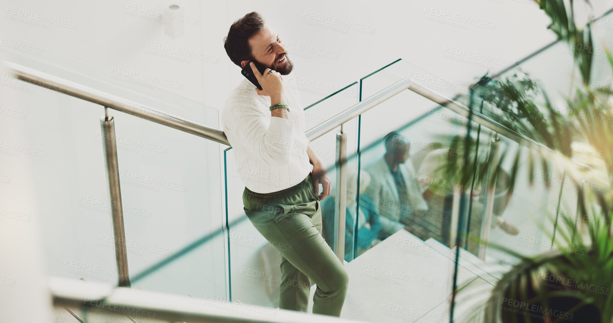 Buy stock photo Phone call, smile and stairs with business man in office for communication, conversation or project update. Break, discussion and negotiation with happy employee on steps in workplace from above