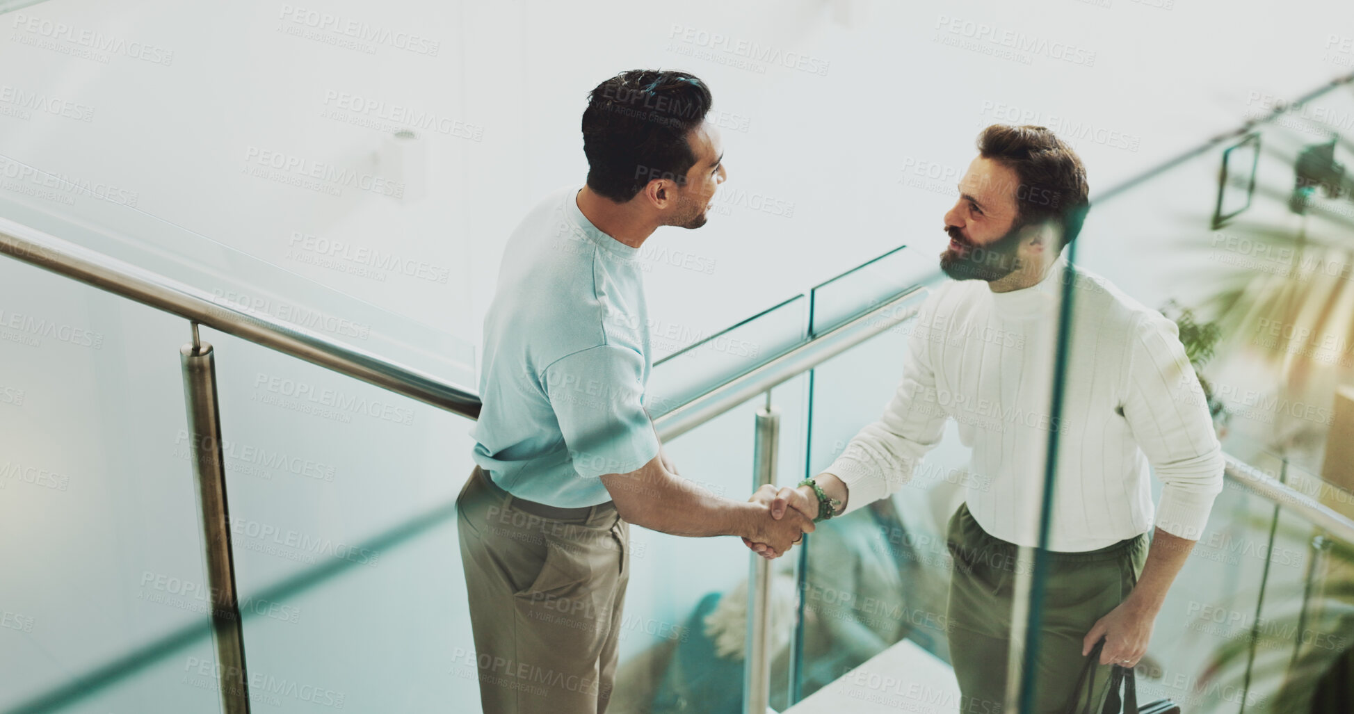 Buy stock photo People, handshake and collaboration in office for business, agreement and communication with greeting. Partnership, stairs and men shaking hands in digital agency for meeting, welcome and teamwork