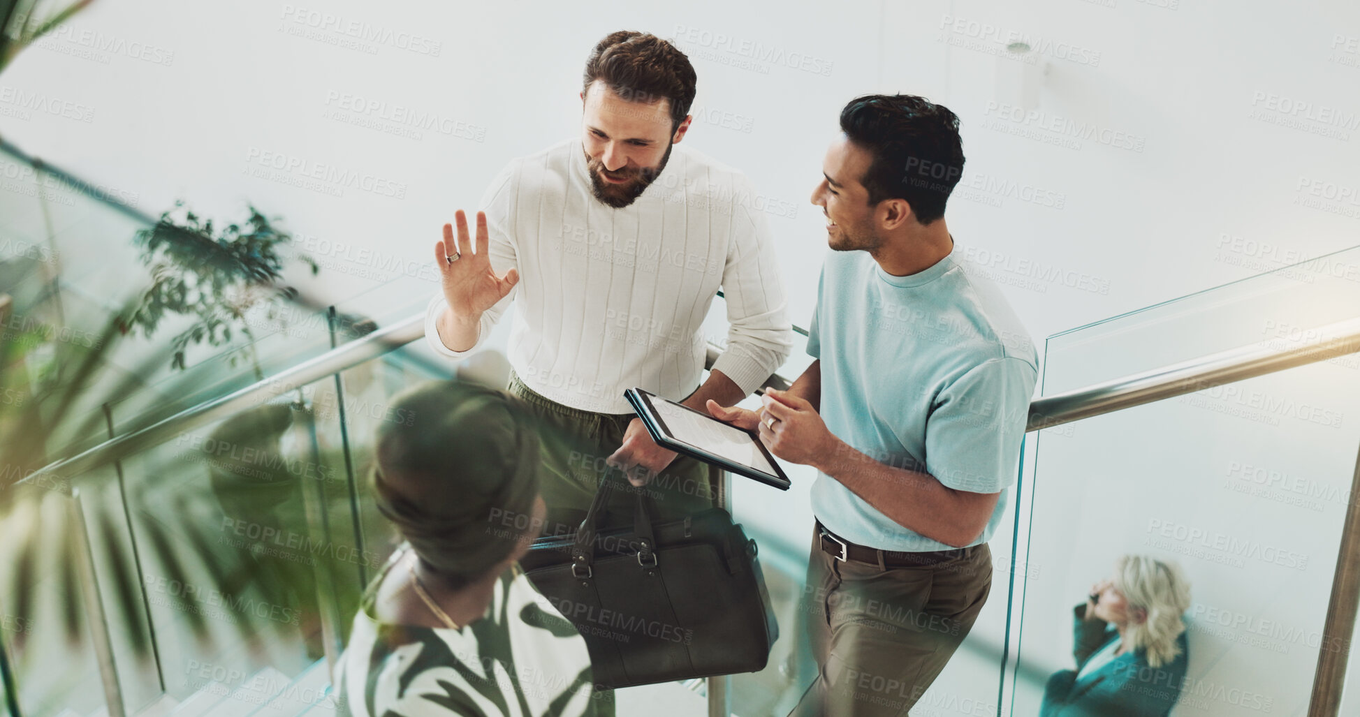 Buy stock photo People, tablet and collaboration on stairs for business, planning or communication with feedback. Group, tech and teamwork in digital agency for discussion, social media or advice for web development