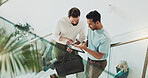 People, tablet screen and planning in lobby for business, agenda or pointing for explain on stairs. Above, tech and team in digital agency for discussion, schedule error or advice for web development