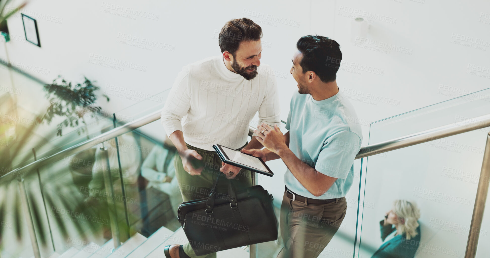 Buy stock photo People, tablet and planning on stairs for business, collaboration and communication with feedback. Men, tech and teamwork in digital agency for discussion, social media and advice for web development