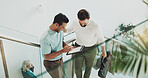 People, tablet screen and meeting in lobby for business, agenda and positive feedback on stairs. Above, tech and admin team in office for planning, schedule update and happy for company development