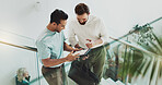 People, tablet and meeting in lobby for business, agenda and positive feedback on screen. Above, tech and admin team on office stairs for planning, schedule update and happy for company development