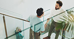 Business, people and handshake in lobby for welcome, introduction and meeting for collaboration. Above, creative team and hand gesture on office stairs for agreement, deal and project understanding