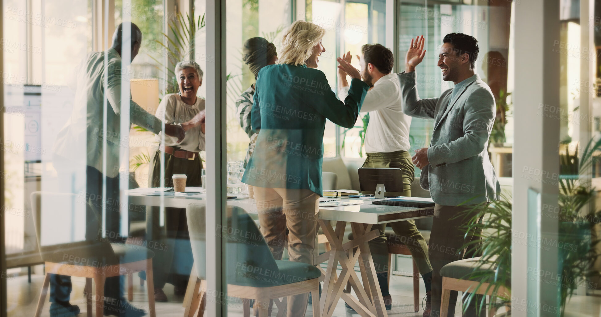 Buy stock photo Business people, high five or happy in meeting for success, campaign approval or celebration in office. Collaboration, employees or excited in workplace with hand gesture, support or goal achievement