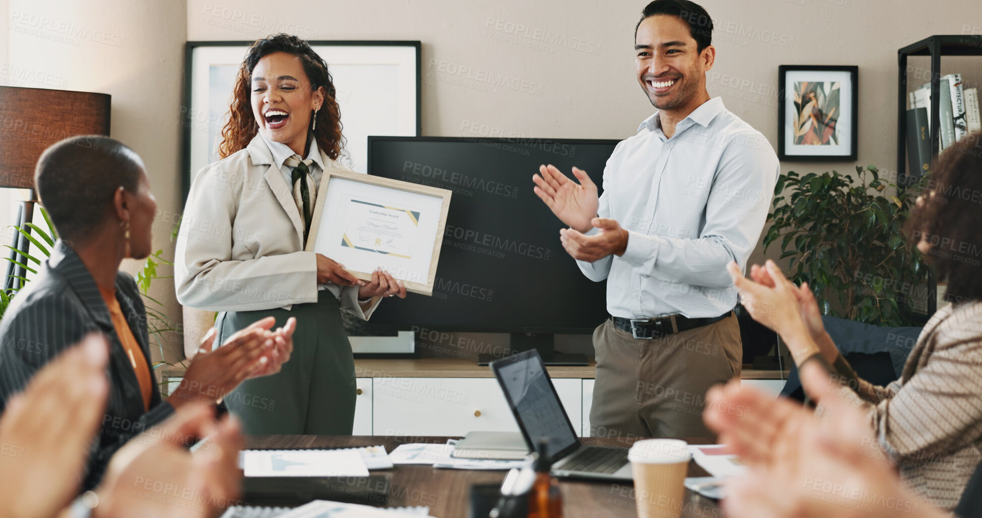 Buy stock photo Office, woman and man with clapping hands at award ceremony for achievement, success and well done. People, employees and happy or applause at boardroom with certificate for celebration or completion