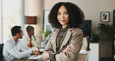 Buy stock photo Arms crossed, leadership and portrait of business woman in boardroom with colleagues for planning. About us, meeting and face of African manager in professional workplace for career development