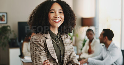 Buy stock photo Leadership, portrait and smile of business woman in boardroom with colleagues for planning. About us, corporate and meeting with face of happy African manager in professional office for development