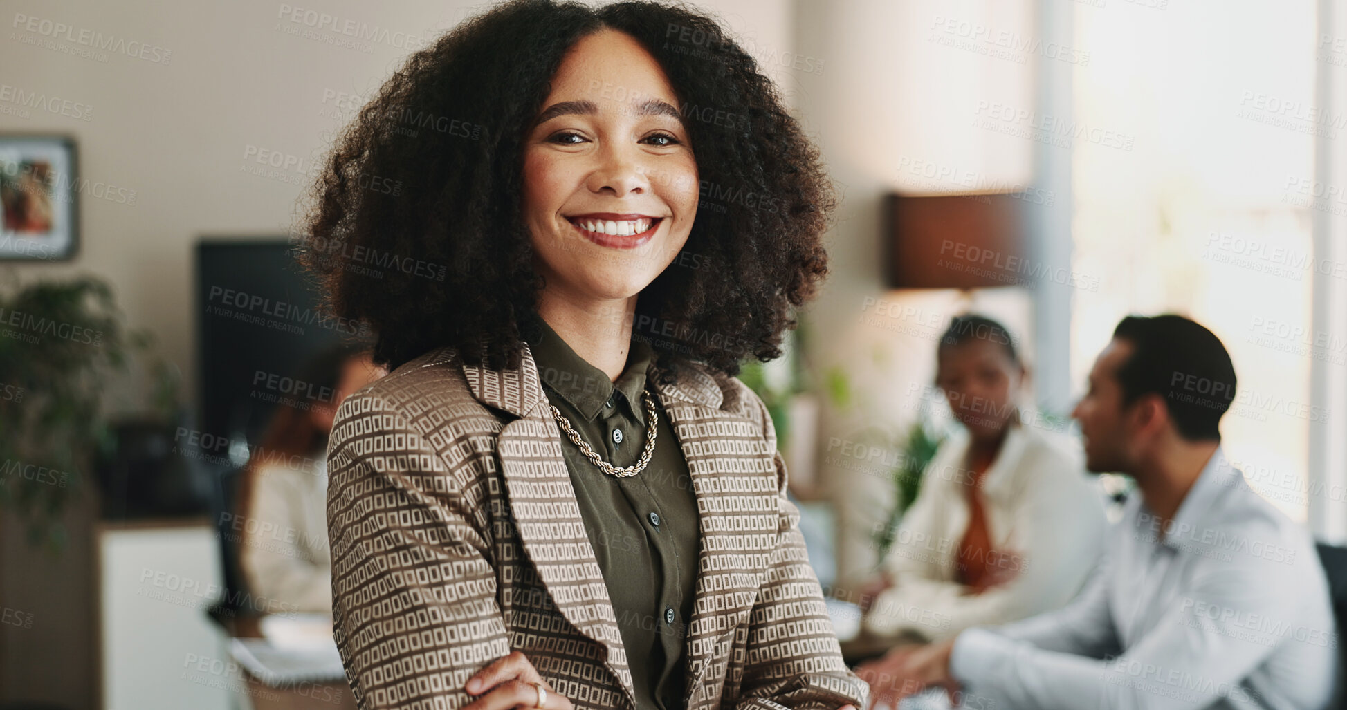 Buy stock photo Leadership, portrait and smile of business woman in boardroom with colleagues for planning. About us, corporate and meeting with face of happy African manager in professional office for development