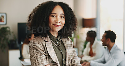 Buy stock photo About us, meeting and portrait of business woman in boardroom with colleagues for planning. Corporate, face and leadership with African manager in professional workplace for career development