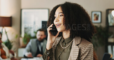 Buy stock photo Phone call, talking and business woman in office for planning, client negotiation and account broker. Communication, networking and consultant with person and mobile for contact, discussion or advice