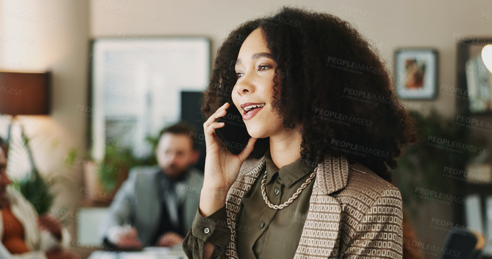 Buy stock photo Phone call, talking and business woman in office for planning, client negotiation and account broker. Communication, networking and consultant with person and mobile for contact, discussion or advice