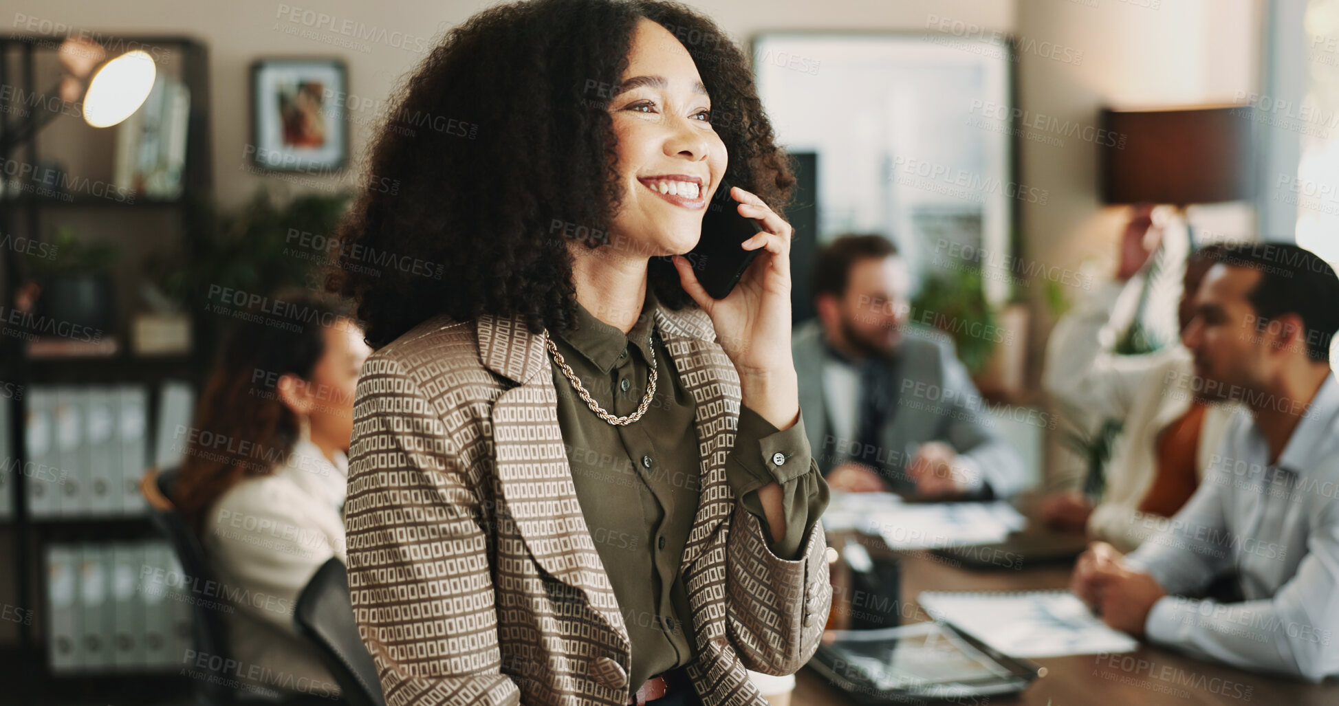Buy stock photo Phone call, smile and business woman in office for planning, client negotiation and account broker. Communication, networking and consultant with person and mobile for contact, discussion or advice