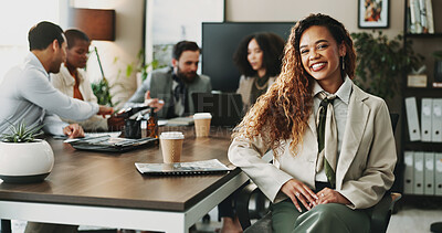 Buy stock photo Collaboration, portrait and smile of business woman in boardroom with colleagues for planning. Corporate, face and meeting with happy African employee in professional workplace for career development