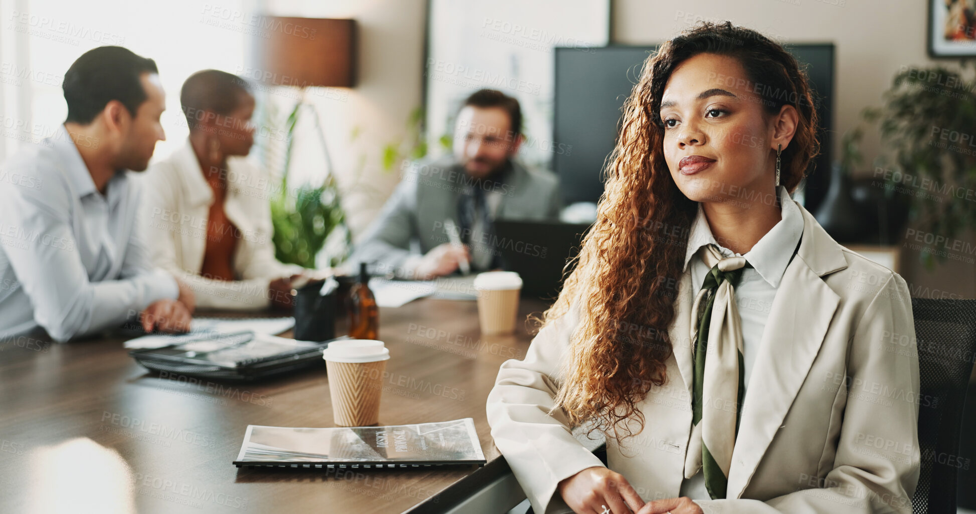 Buy stock photo Leadership, meeting or thinking and business woman in boardroom with colleagues for planning. Future, idea and vision with African manager in professional workplace for career development or strategy