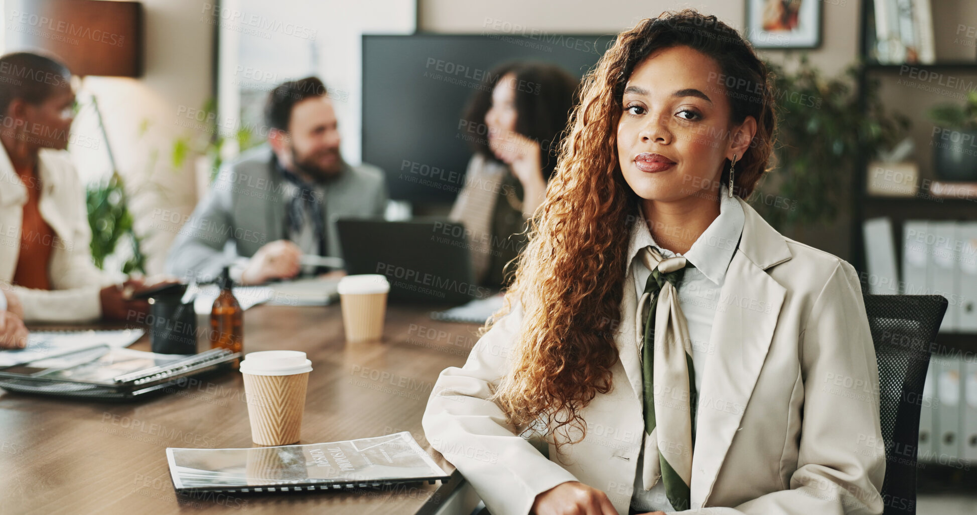 Buy stock photo Leadership, meeting and portrait of woman employee in boardroom with colleagues for planning. Business, corporate and face of proud African manager in professional workplace for career development