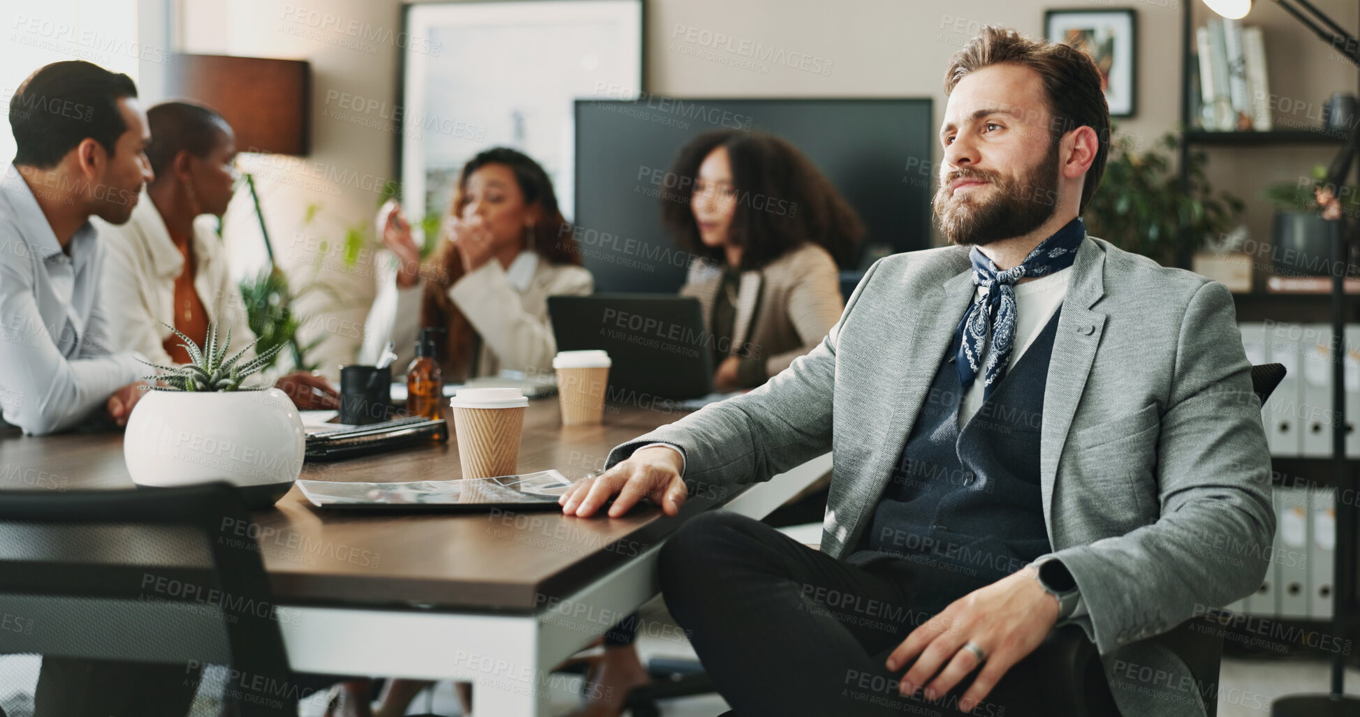 Buy stock photo Meeting, thinking and business man with vision, idea and professional insight with risk management team. Planning, inspiration and reflection of decision in office, brainstorming or problem solving