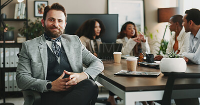 Buy stock photo Boardroom, leadership and portrait of business man at table in office with colleagues for planning. Confident, management and pride with happy person in corporate workplace for company development