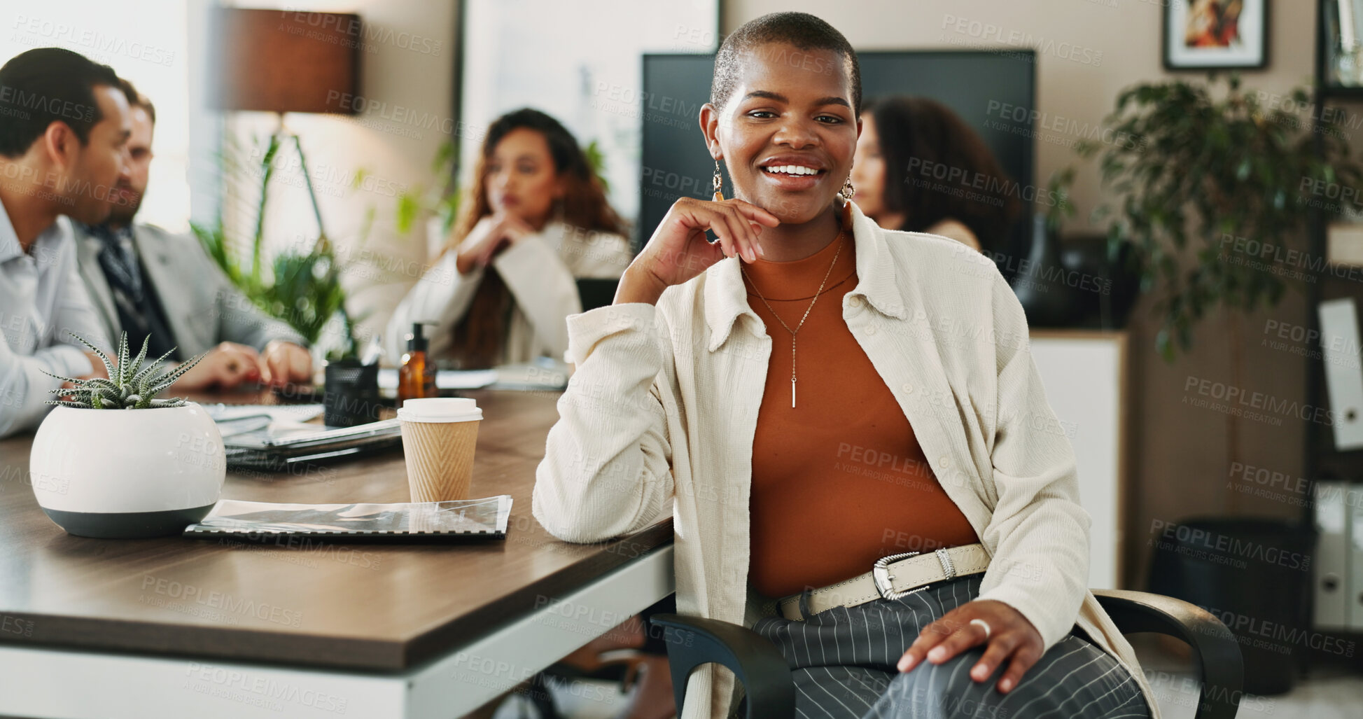 Buy stock photo Leadership, meeting and portrait of business woman in boardroom of office with colleagues for planning. About us, corporate and smile of manager in professional workplace for career development
