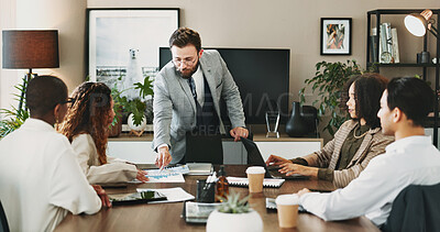 Buy stock photo Coaching, planning and training with business people in boardroom of office for education. Meeting, our vision and seminar with team leader speaking to staff in workplace for upskill development