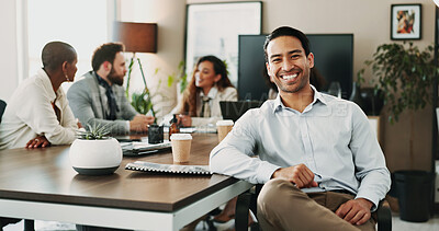 Buy stock photo Leadership, portrait and smile of business man in boardroom of office with colleagues for planning. About us, proud and workshop with happy manager in professional workplace for career development