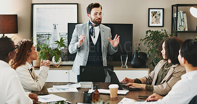 Buy stock photo Coaching, seminar and training with business people in boardroom of office for upskill development. Meeting, our vision and planning with team leader speaking to staff in workplace for education