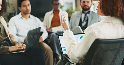 Buy stock photo Laptop, discussion and businesswoman in meeting with team for planning, financial analysis or performance data. Computer, group and manager brainstorming stats for risk management with hand in office
