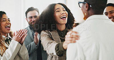 Buy stock photo Applause, congratulations and success with business people in office for celebration of promotion. Bonus, goals and target with employee group clapping in workplace for achievement or solidarity