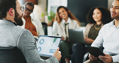 Buy stock photo Laptop, graph and businessman in team meeting for planning, financial data and leader with chart. Computer, group and manager brainstorming stats for risk management or investment in office workshop