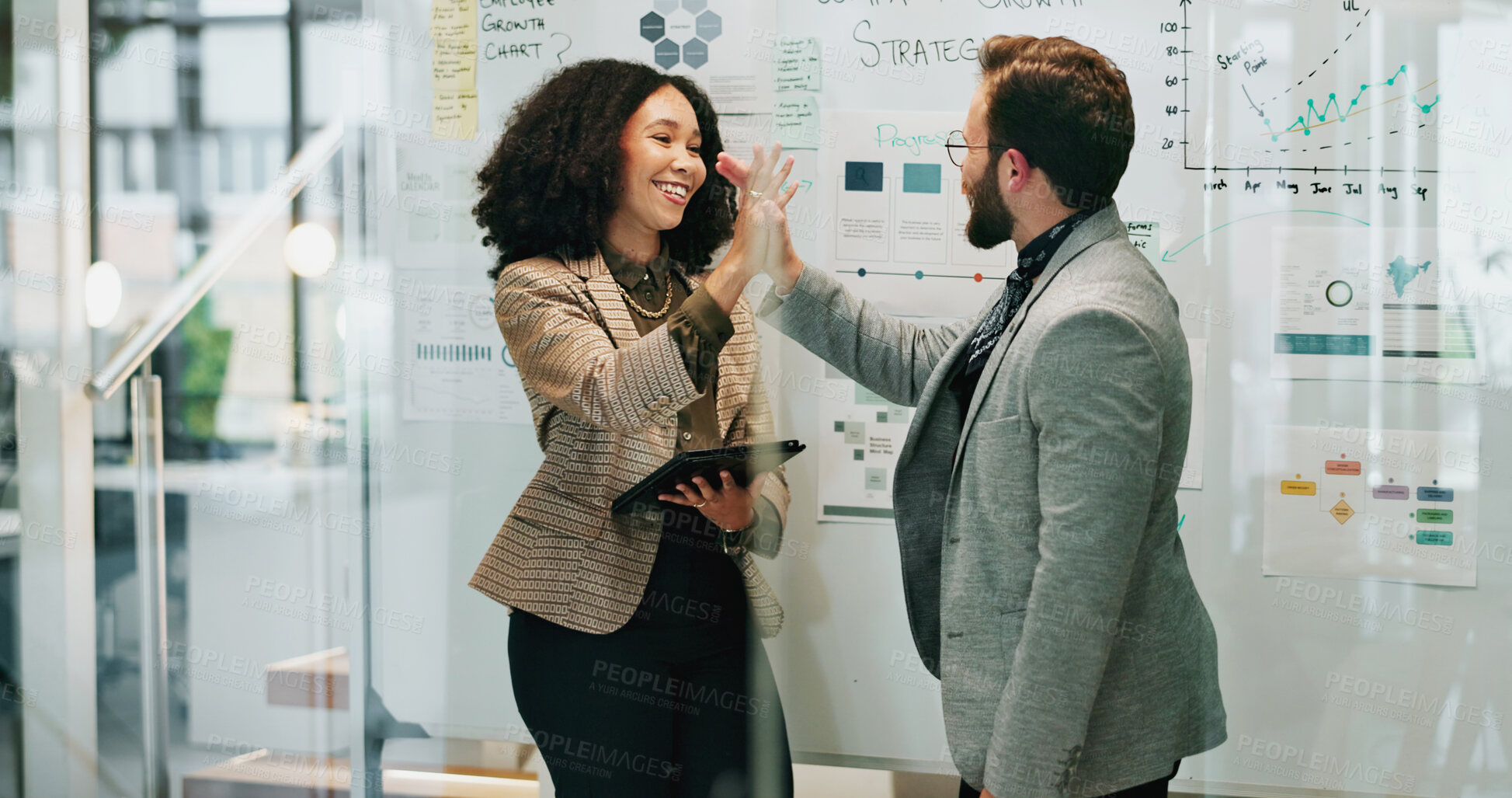 Buy stock photo Business, people and happy high five with whiteboard at office for unity or celebration as trend analyst. Employees, partnership and smile or synergy for teamwork, collaboration and strategy 