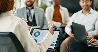 Buy stock photo Laptop, hands and businesswoman in team meeting with data, financial analysis and leader planning. Computer, group and manager brainstorming stats for risk management or discussion in office workshop
