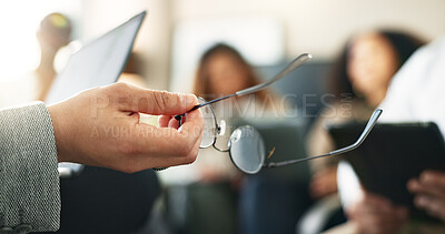 Buy stock photo Glasses, hand and person with meeting in office for finance report at startup business. Discussion, speaker and closeup of financial executive with spectacles for presentation, event or seminar.