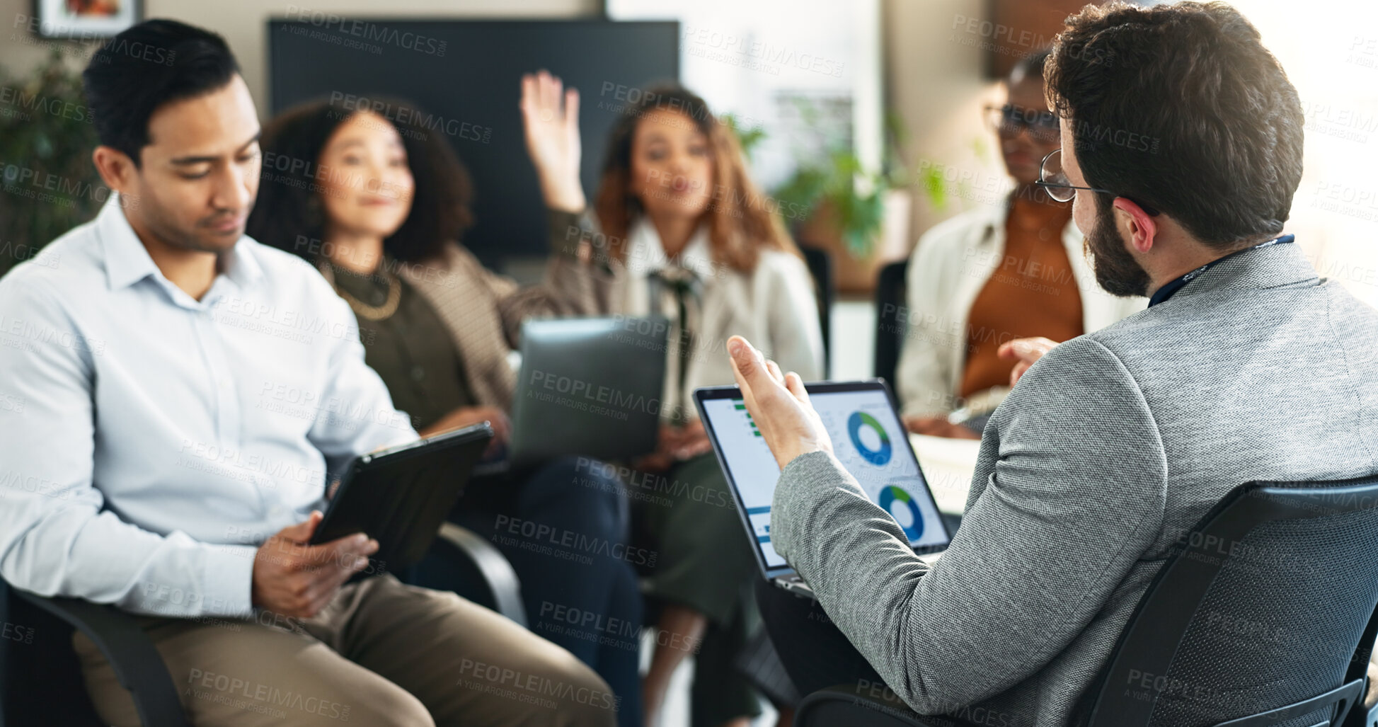 Buy stock photo Business people, laptop and meeting for workshop, question and review performance with kpi information. Manager, tech and screen for project collaboration, planning and financial update with graph