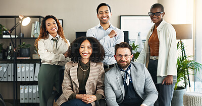 Buy stock photo Business, employees and smile on portrait at office for teamwork and collaboration as trend analyst. About us, people and happy or proud in confidence for company growth, vision or career development