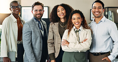 Buy stock photo Business, people and smile on portrait at office for teamwork and collaboration as trend analyst. About us, employees and happy or proud in confidence for company growth, vision or career development