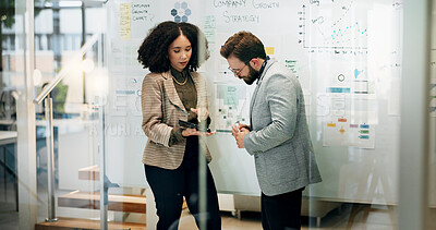 Buy stock photo Team, tablet and business people planning, strategy discussion and company growth trends. Technology, collaboration and brainstorming ideas for revenue increase, sales stats or market expansion data