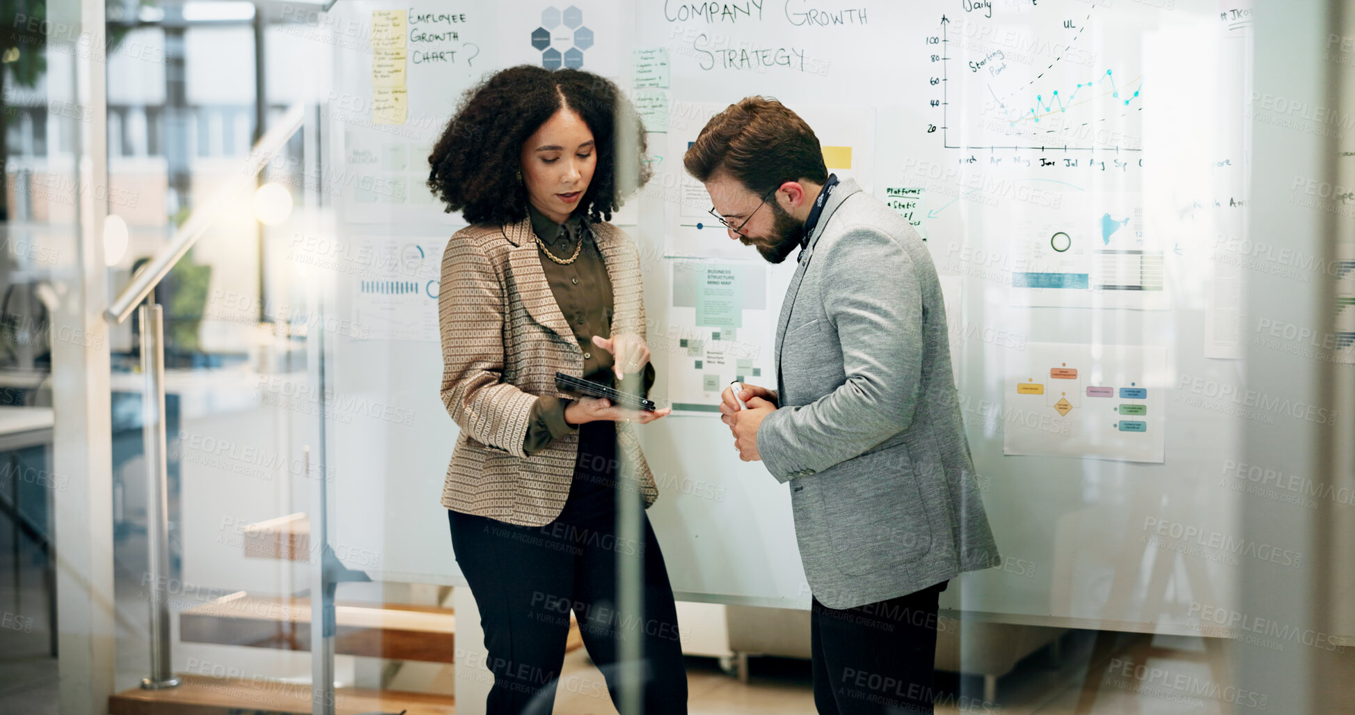 Buy stock photo Team, tablet and business people planning, strategy discussion and company growth trends. Technology, collaboration and brainstorming ideas for revenue increase, sales stats or market expansion data