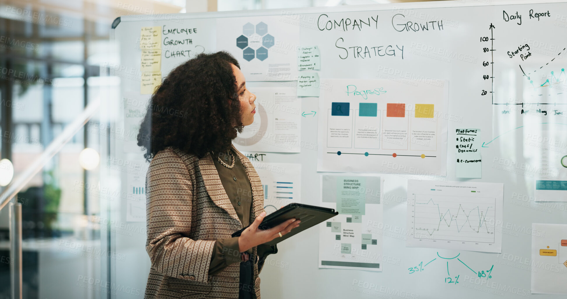 Buy stock photo Business, woman and ideas on whiteboard with tablet for strategy, planning and report as trend analyst. Female person, employee and office for company growth with notes, insights and statistics
