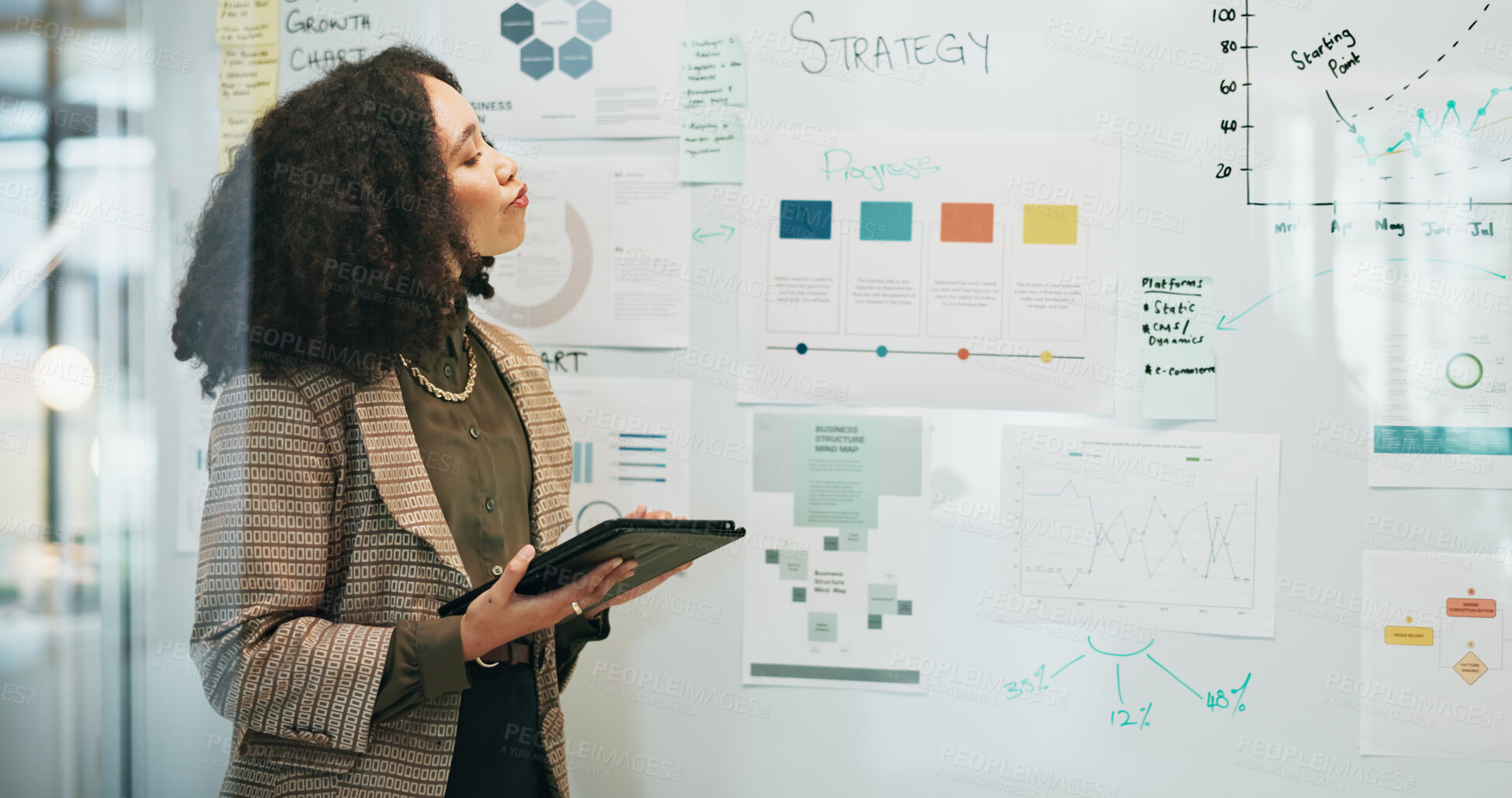 Buy stock photo Business, woman and thinking on whiteboard with tablet for strategy, planning and report as trend analyst. Female person, employee and office for company growth with notes, insights and statistics