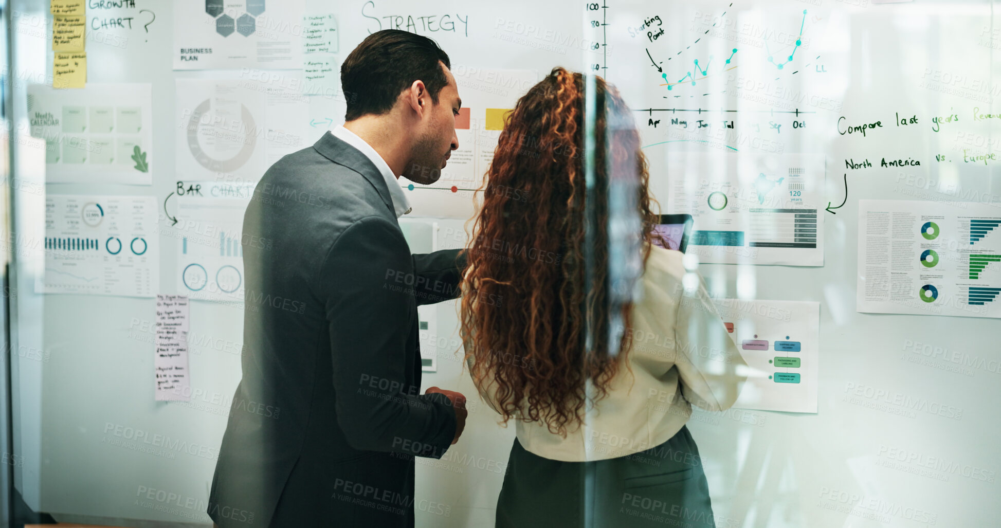 Buy stock photo Business, people and meeting on whiteboard with statistics for strategy, report and planning as trend analyst. Back, employees and teamwork or collaboration at office on company growth and insights