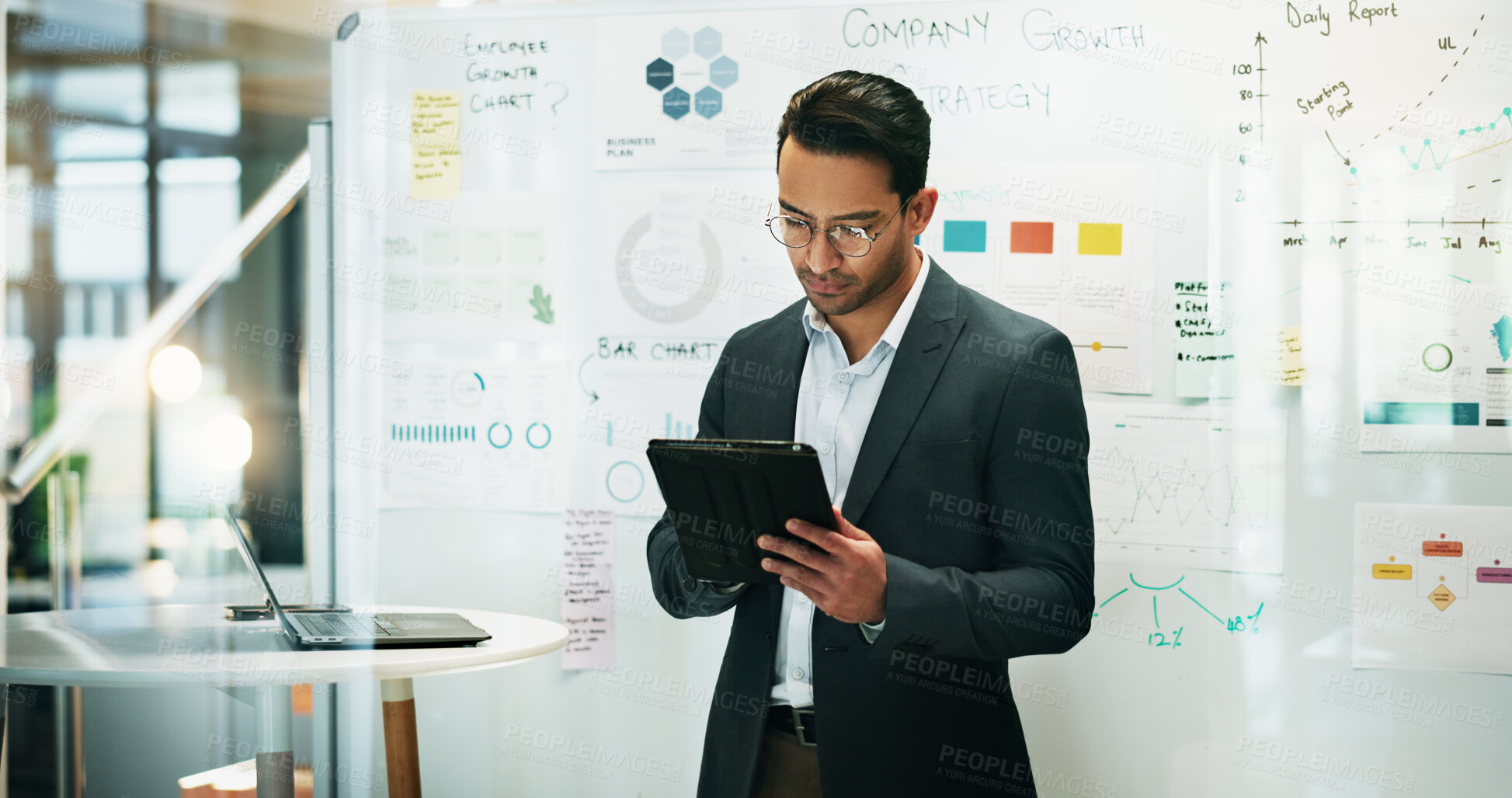 Buy stock photo Business, man and ideas on tablet with whiteboard  for strategy, planning and report as trend analyst. Male person, employee and office for company growth with research, insights and statistics