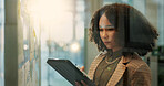 Research, tablet and business woman planning project, scroll or reading email on internet. Technology, app or creative African employee working on campaign or ads for social media platform in startup
