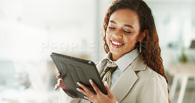 Buy stock photo Editing, smile and tablet with business woman in glass office as artistic publication designer. Creative, development and tech with happy female illustrator in workplace for online graphic design