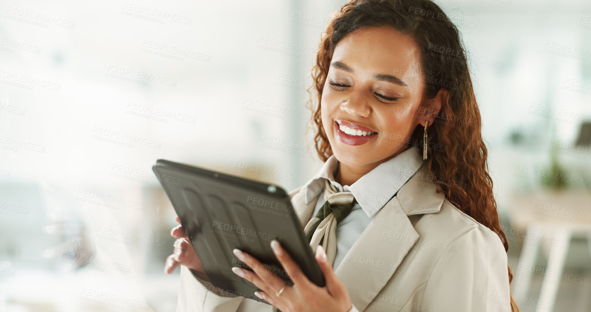 Buy stock photo Editing, smile and tablet with business woman in glass office as artistic publication designer. Creative, development and tech with happy female illustrator in workplace for online graphic design