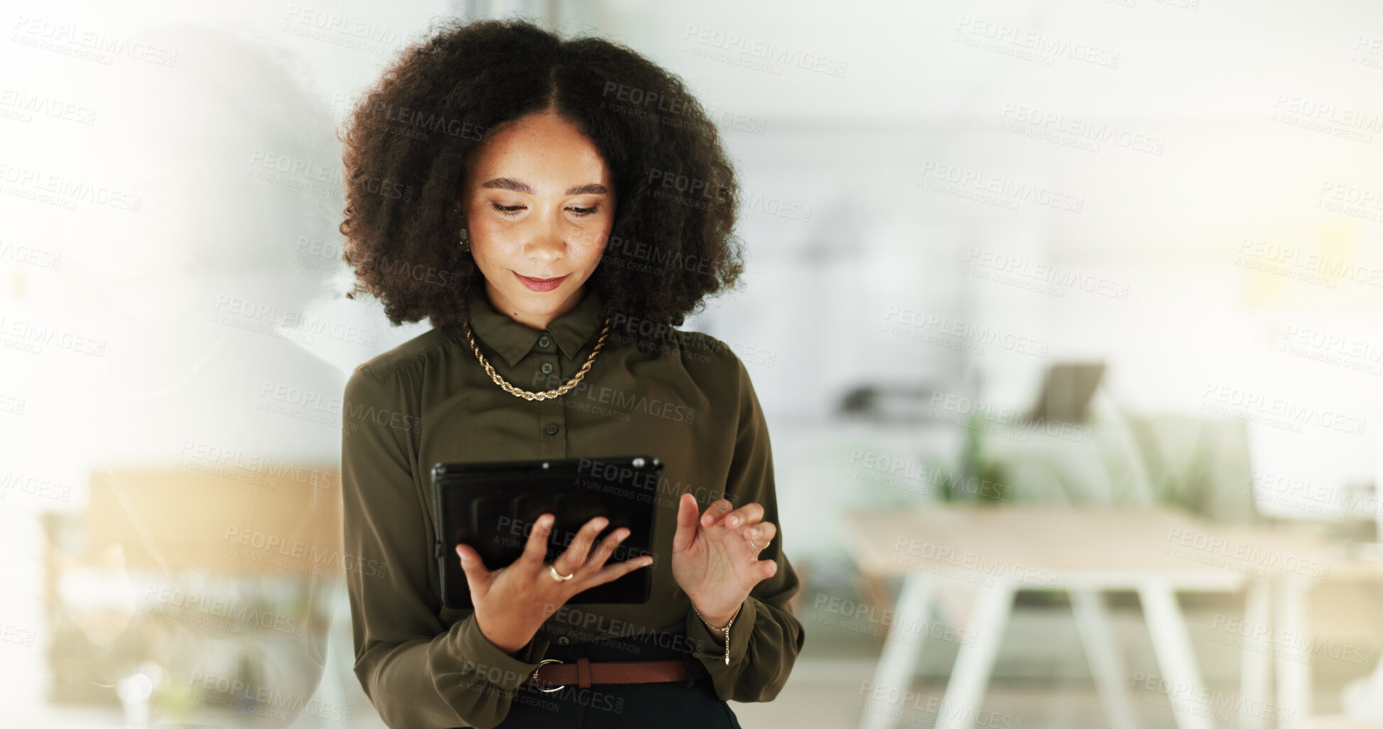 Buy stock photo Creative, reading and tablet with business woman in glass office as artistic publication designer. Development, editing and technology with Mexican illustrator in workplace for online graphic design
