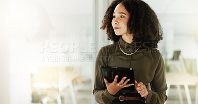 Buy stock photo Woman, thinking and tablet at window for business, career opportunity and space in office. Female employee, technology and reflection at glass mockup for planning, mindset or bright future in company